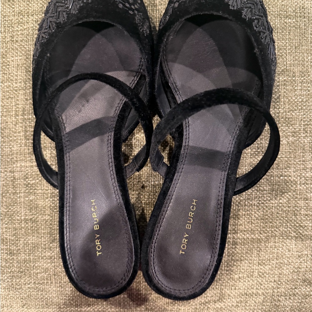 Tory Burch Black Embroidered Mule Slides